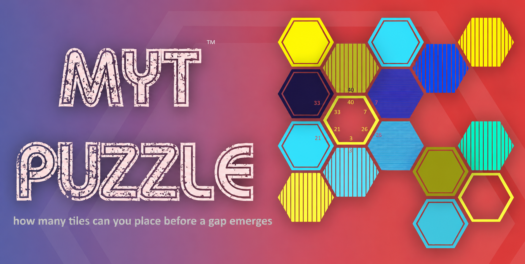 Myt Puzzle billboard with the title, tagline and a branching tessellation of colourful hexagonal tiles