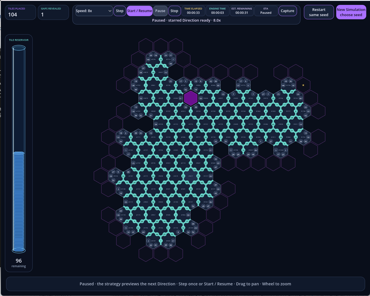 A partially played Myt Puzzle board with a branching tessellation, frontier outlines and tile reservoir