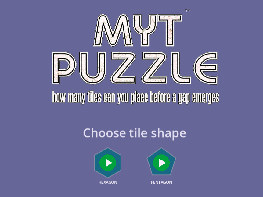 Myt Puzzle landing screen with choices for hexagonal and pentagonal play