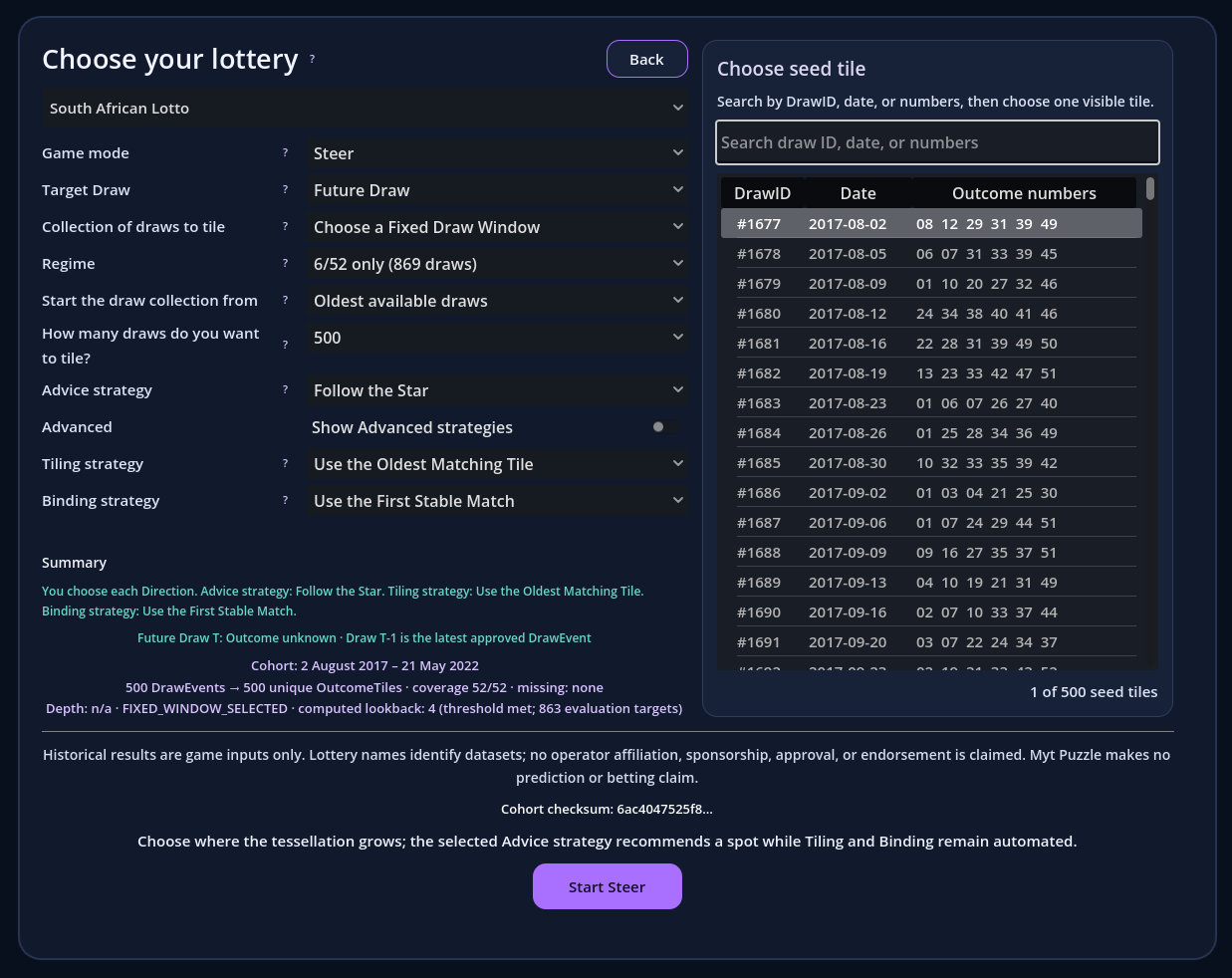 Myt Puzzle setup screen showing lottery, mode, strategy and seed-tile choices